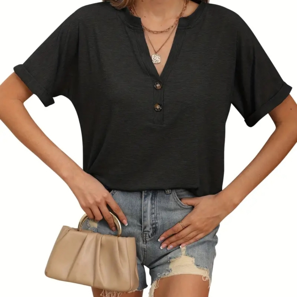 Womens V-Neck Tee With Button Detail Black Size Large